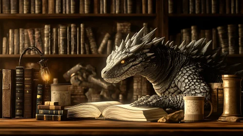 Scholarly Dragon in Library Setting