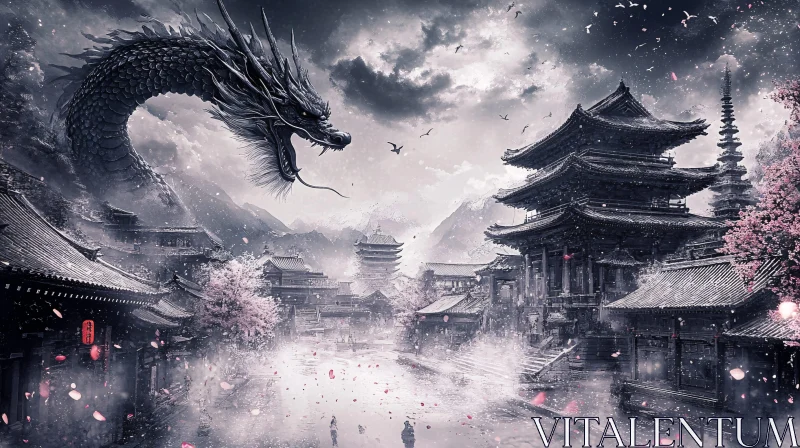 AI ART Mythical Dragon in Monochrome Landscape