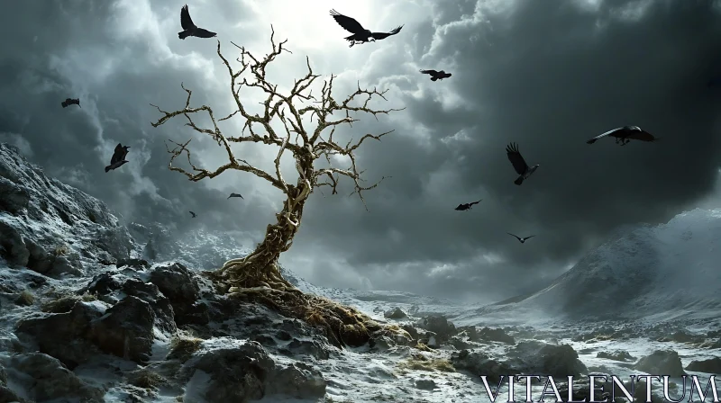 AI ART Ravens Flying Over Barren Winter Tree