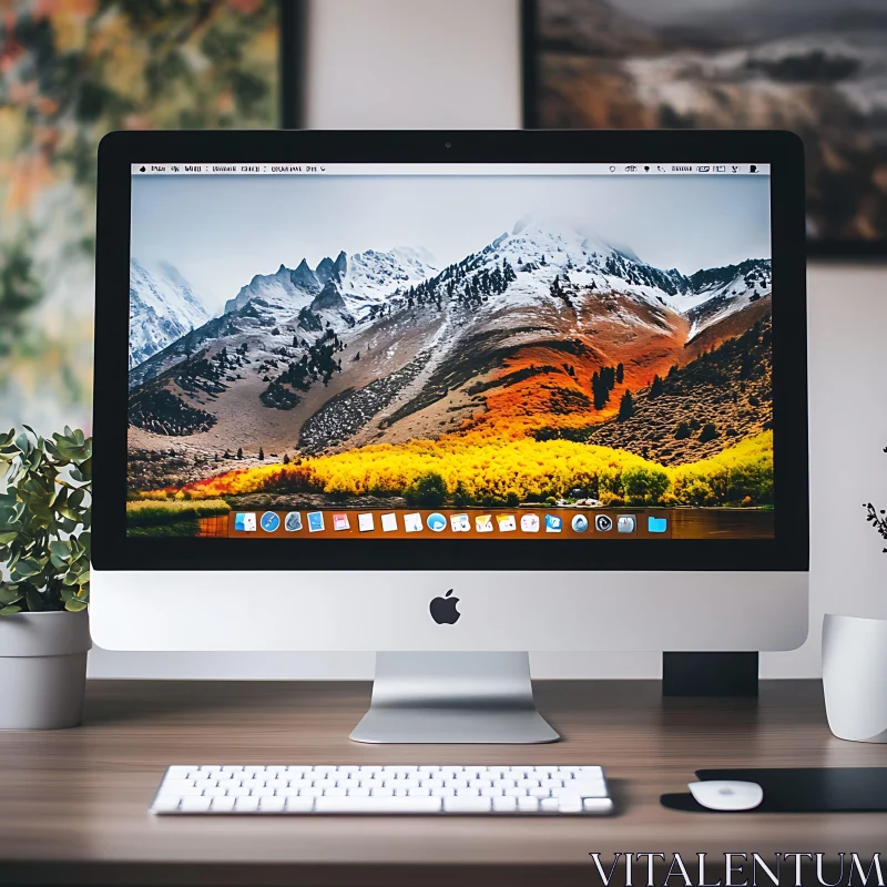 Apple iMac Desktop with Breathtaking Mountain Wallpaper AI Image