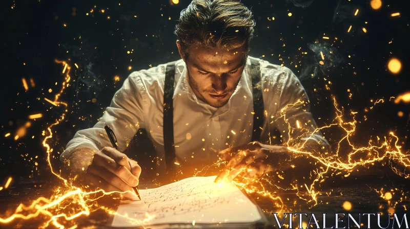 Man immersed in writing with lightning AI Image