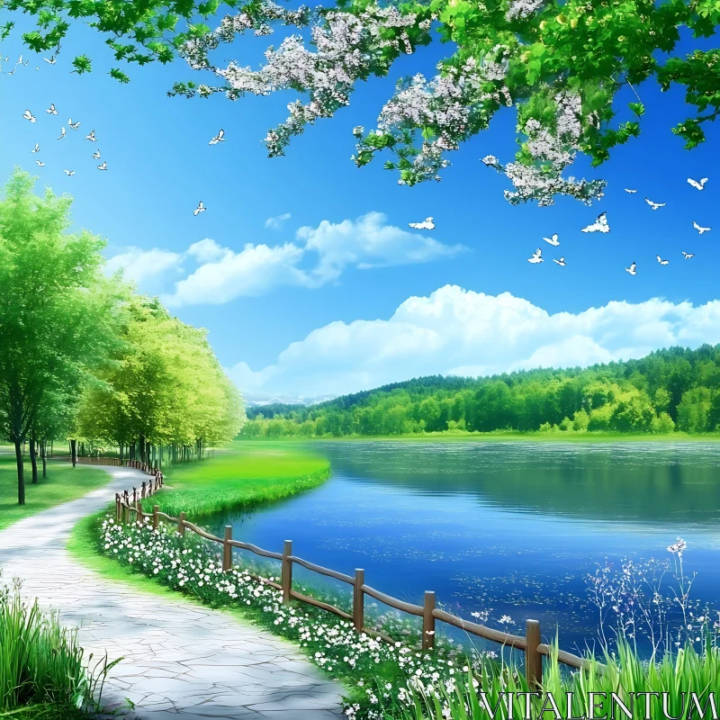 Serene Lake and Path with Blooming Flora AI Image