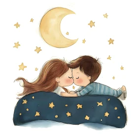 Cartoon Couple Kissing Under Moon