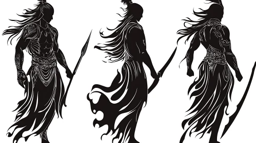 Tribal Warriors Spear Art Silhouette Figures