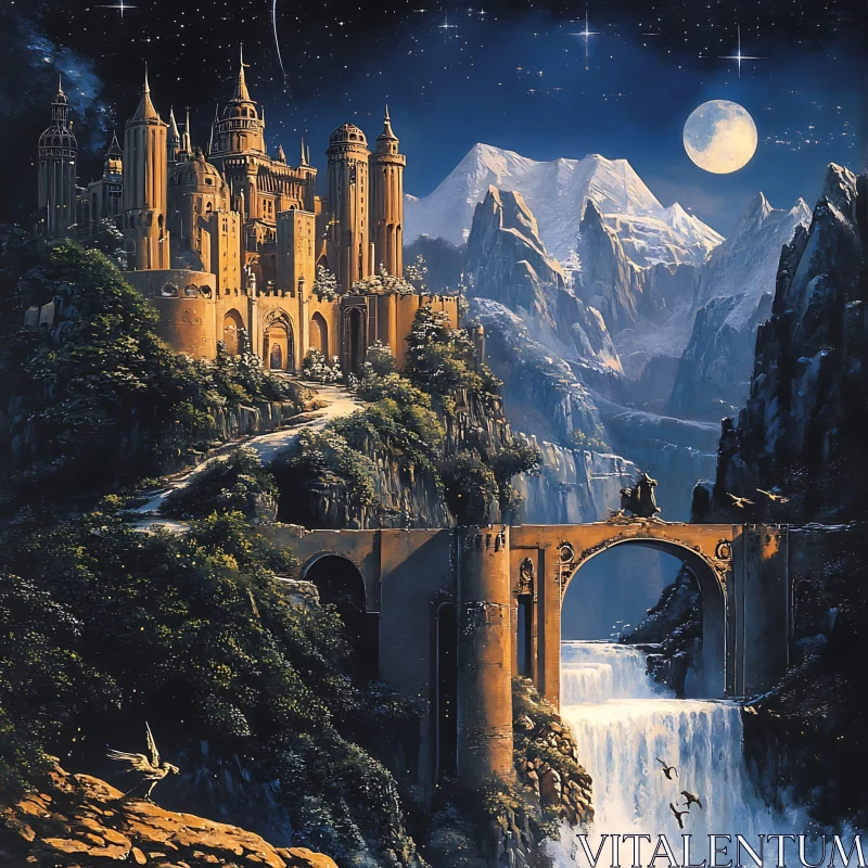 Fantasy Castle Overlooking Waterfall AI Image