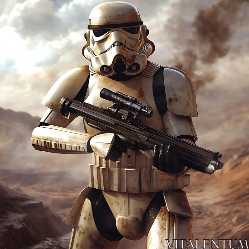 Gritty Stormtrooper in Arid Landscape AI Image