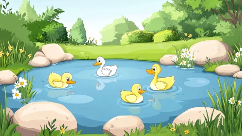 Peaceful Pond Scene with Cute Ducks