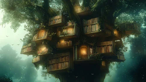 Whimsical Treehouse Library Art