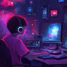Futuristic Gaming Station with Space-Themed Virtual Reality