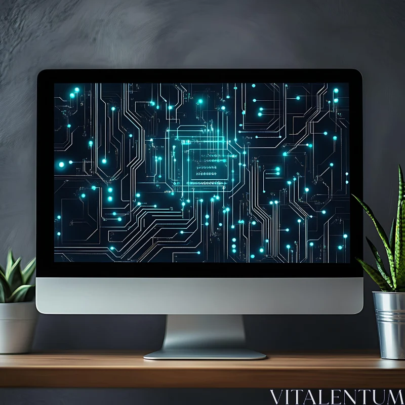 Illuminated Circuit Board on Modern Computer Monitor AI Image