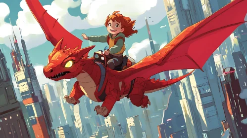 Red Dragon and Child Above City