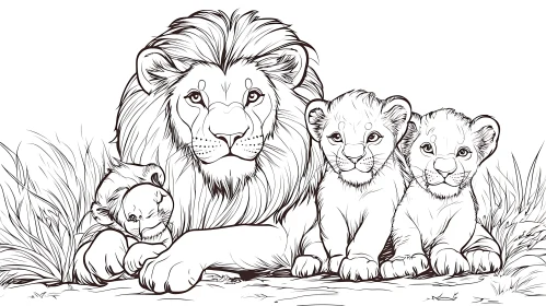 Lion and Cubs Line Art