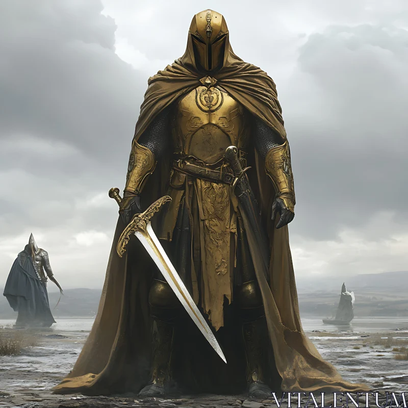 AI ART Armored Golden Warrior on the Shore