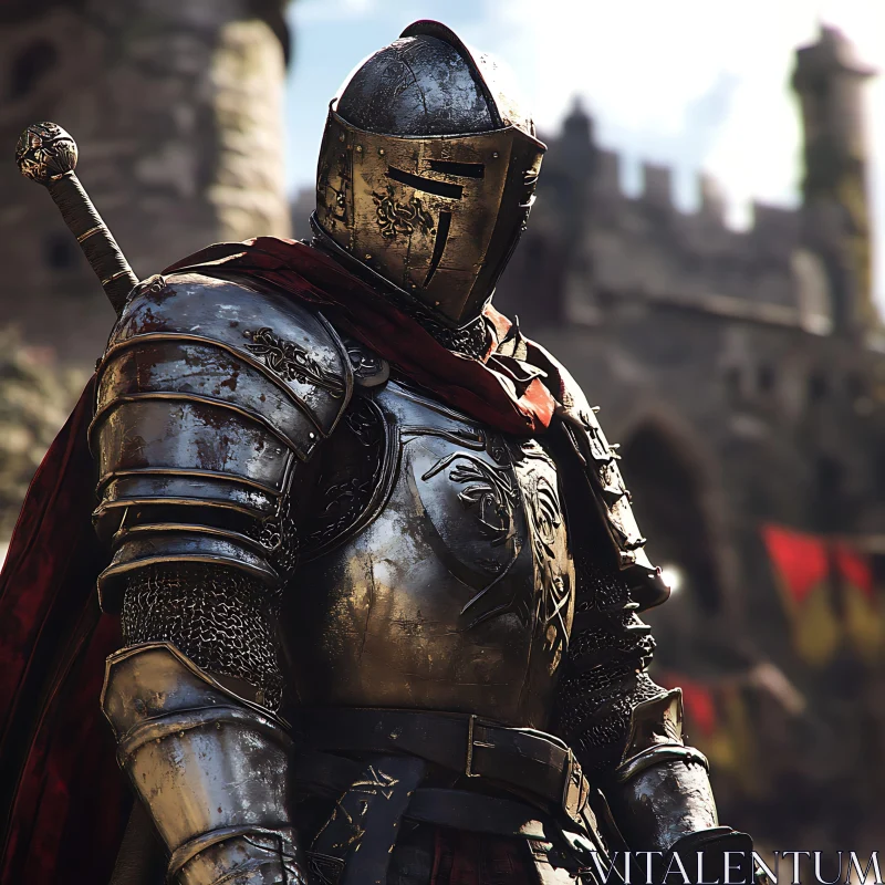 Medieval Knight with Sword and Castle AI Image