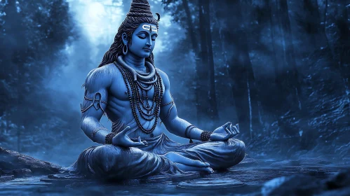 Serene Blue Deity in Forest Meditation