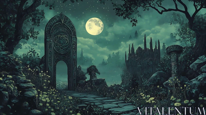 Moonlit Stone Portal and Distant Castle AI Image