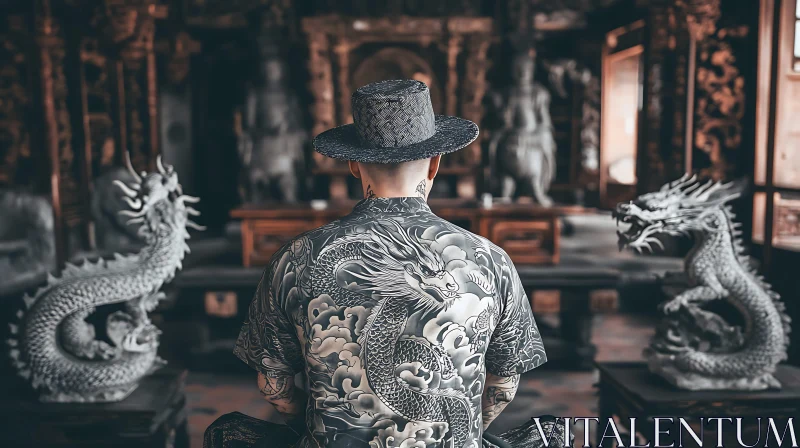 Man with Dragon Tattoo in Temple AI Image