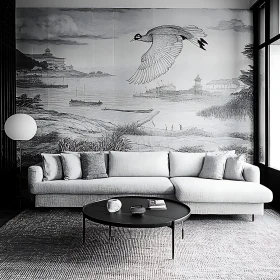 Stylish Black and White Living Room with Nature Wall Art