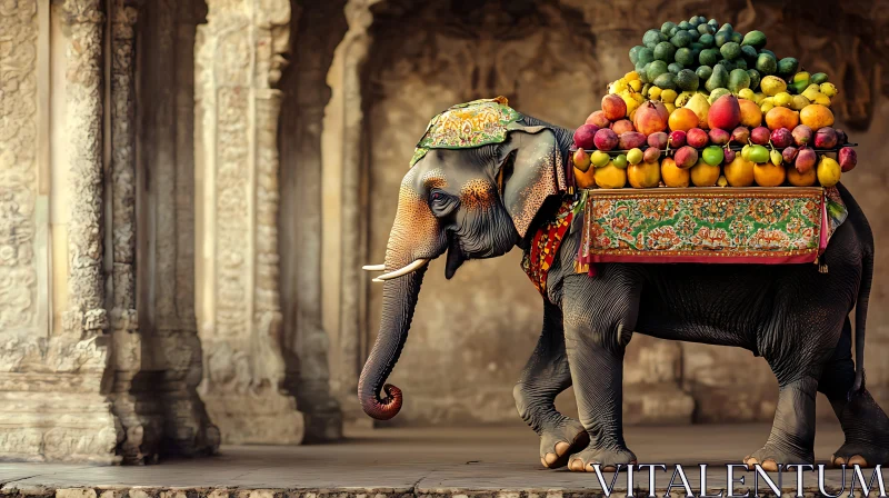 Fruit-laden Elephant in Historical Setting AI Image