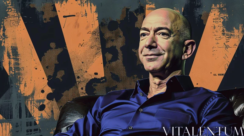 AI ART Jeff Bezos in Blue Shirt with Abstract Orange and Black Art