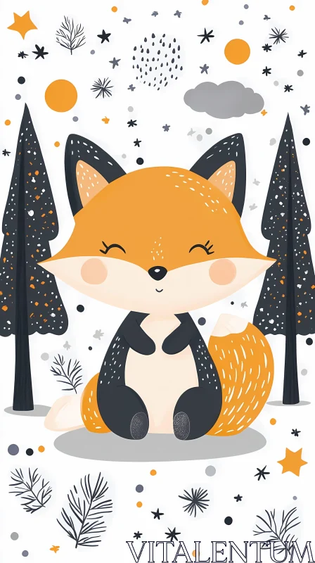 Smiling Fox with Stylized Trees AI Image