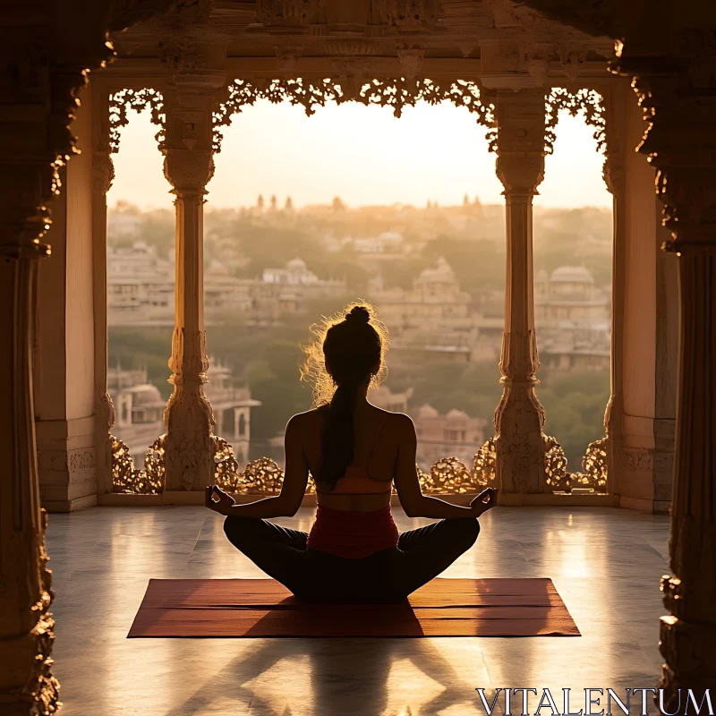 Woman Meditating with City View AI Image