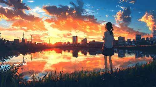 Girl Watching Sunset Over City