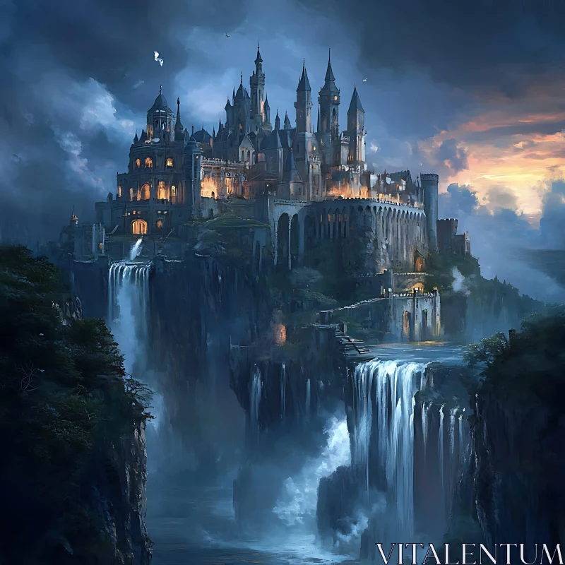 AI ART Fantasy Castle and Waterfalls Landscape