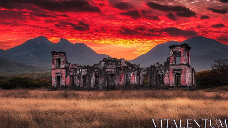 Old Building with Red Sky AI Image