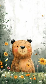 Charming Bear Illustration with Flowers