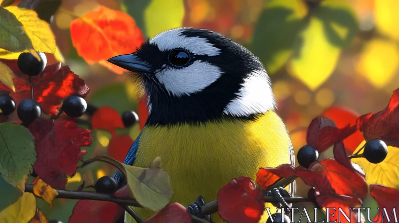 Bird Nestled in Autumn Leaves AI Image