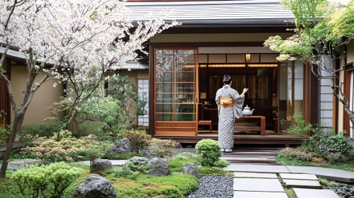 Japanese Zen Garden with Blossoms and Traditional Ceremony