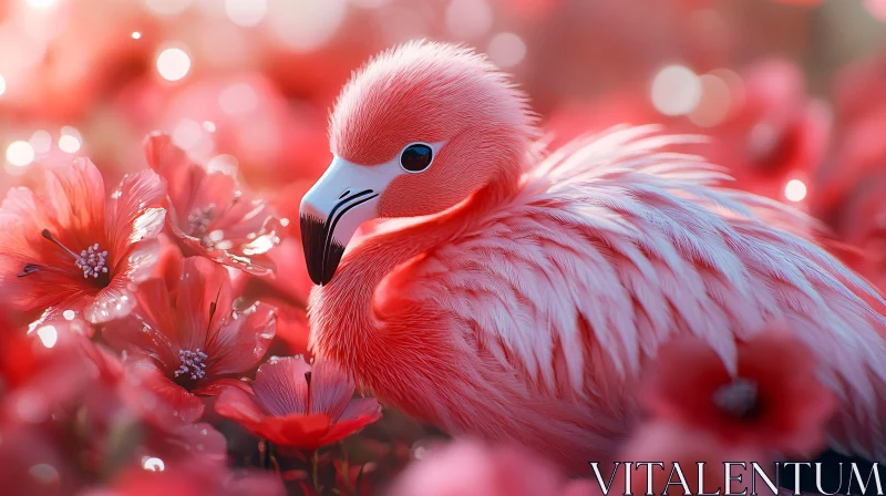 Flamingo Portrait with Red Flowers AI Image