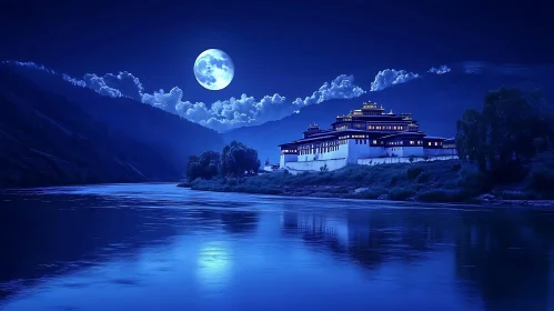 Moonlit Building by the River