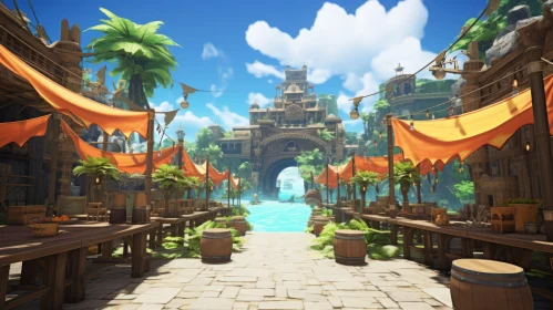 Captivating Video Game Scene: Orange Sandeal and Boat in Tropical Baroque Style