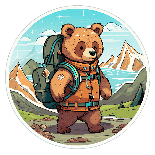 Cheerful Hiking Bear in a Cartoon Landscape Illustration POD Design