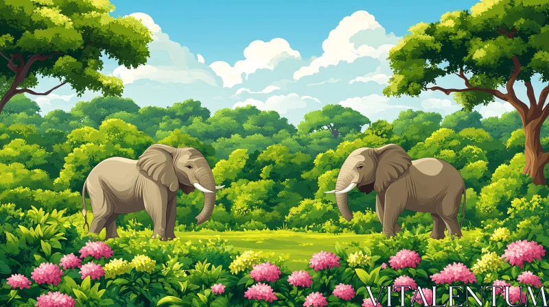 Elephants and Verdant Forest AI Image