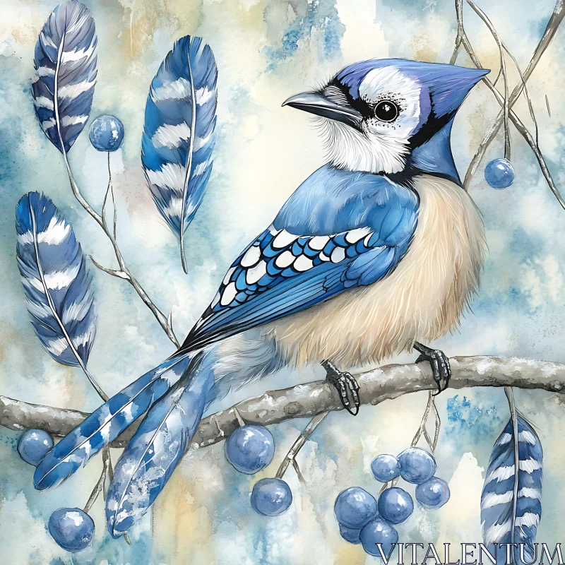 Blue Jay on Branch with Berries AI Image