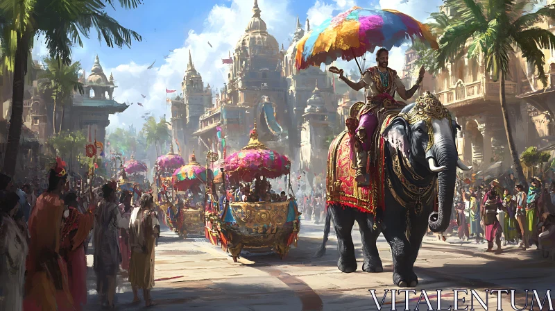 Vibrant City Parade with Decorated Elephant AI Image