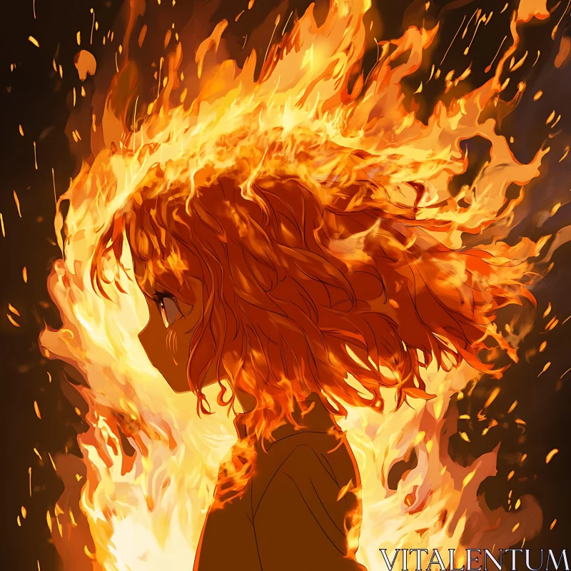 Fiery Anime Portrait of Flaming Hair AI Image