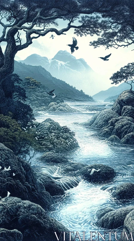 AI ART Tranquil River with Soaring Birds in Rocky Mountains