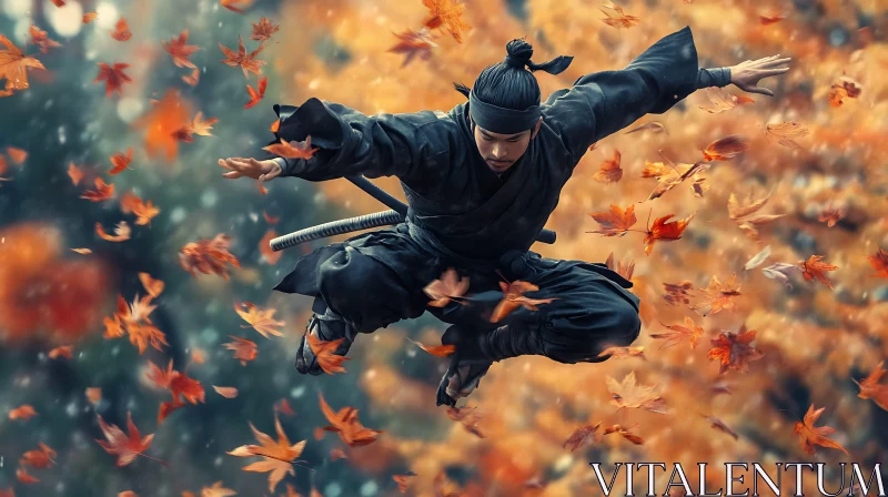 AI ART Warrior's Dance Among Falling Leaves