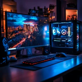 High-End PC Gaming Desk with RGB Lights and Cityscape Background