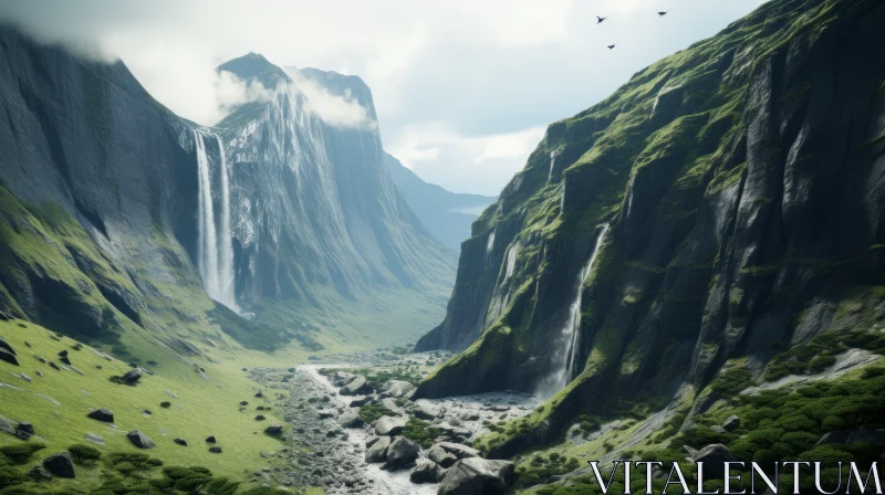 Fantasy Mountain Valley with Waterfall - Minimalist Landscape Art AI Image