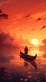 Graceful Canoeing at Sunset: Captivating Nature Illustrations