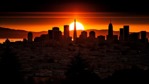 Majestic Sunset Over City Skyline and Mountains - San Francisco Renaissance Inspired