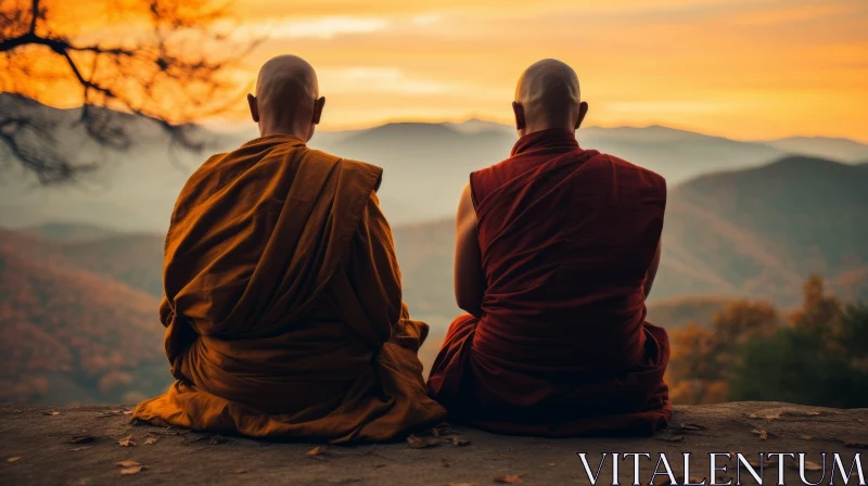 Monks at Sunset: An Introspective Ancient Image AI Image
