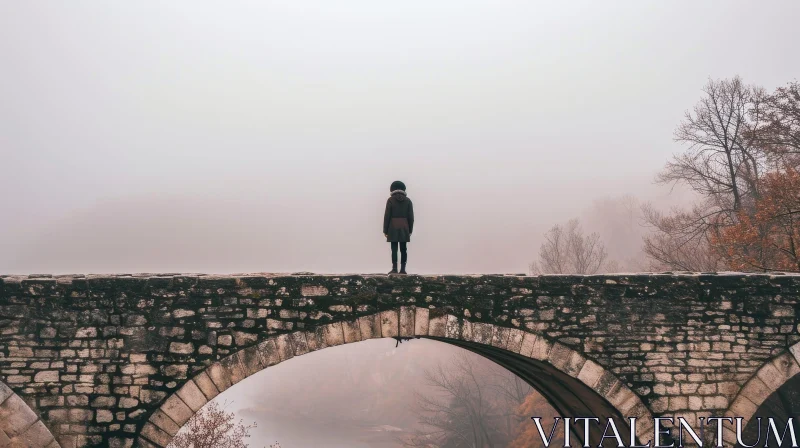 Mysterious Person on Stone Bridge in Foggy Forest AI Image