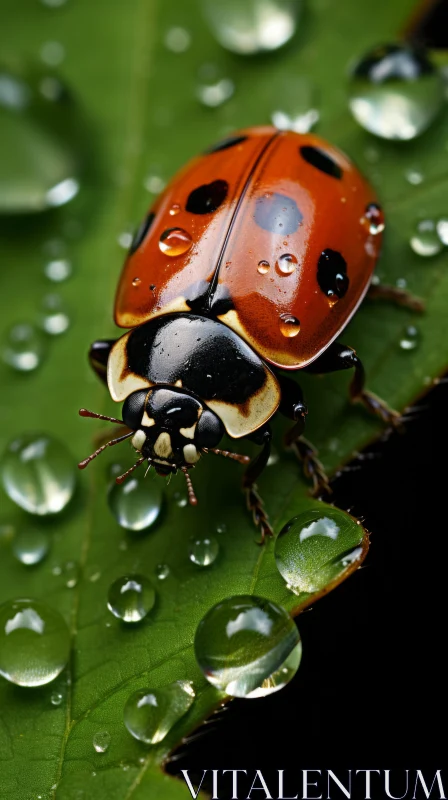AI ART Photorealistic Ladybug on a Leaf with Raindrops