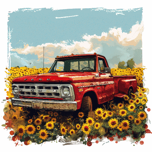 Red Retro Pickup Truck in Sunflower Field - Vintage Charm